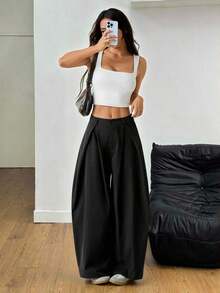Pantalones anchos de verano con dobladillo curvo verde, estilo vintage, casual y para salir - Negro 3 - Ver 8