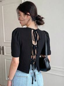 Blusa con mangas abullonadas y atar en la espalda, tops cortos para mujeres - Negro - Ver 1
