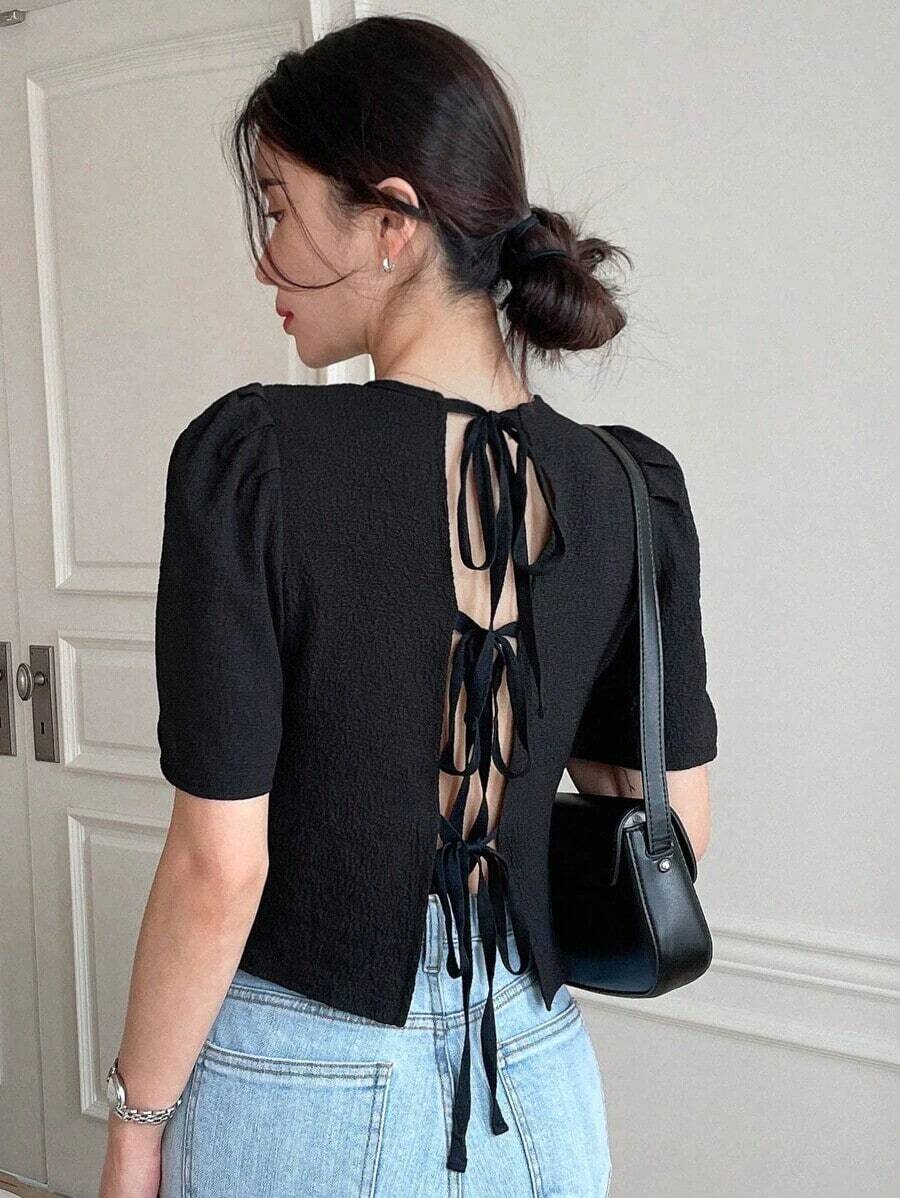 Blusa con mangas abullonadas y atar en la espalda, tops cortos para mujeres - Negro - Ver 1
