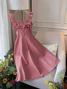 Vestido casual de verano entallado con tirantes finos y corte en A hasta la pantorrilla, en tela a cuadros rojos, para primavera/verano - Rojo y blanco - Ver 2