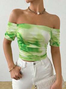 Camiseta de manga corta plisada con cuello recto en línea - Verde - Ver 1