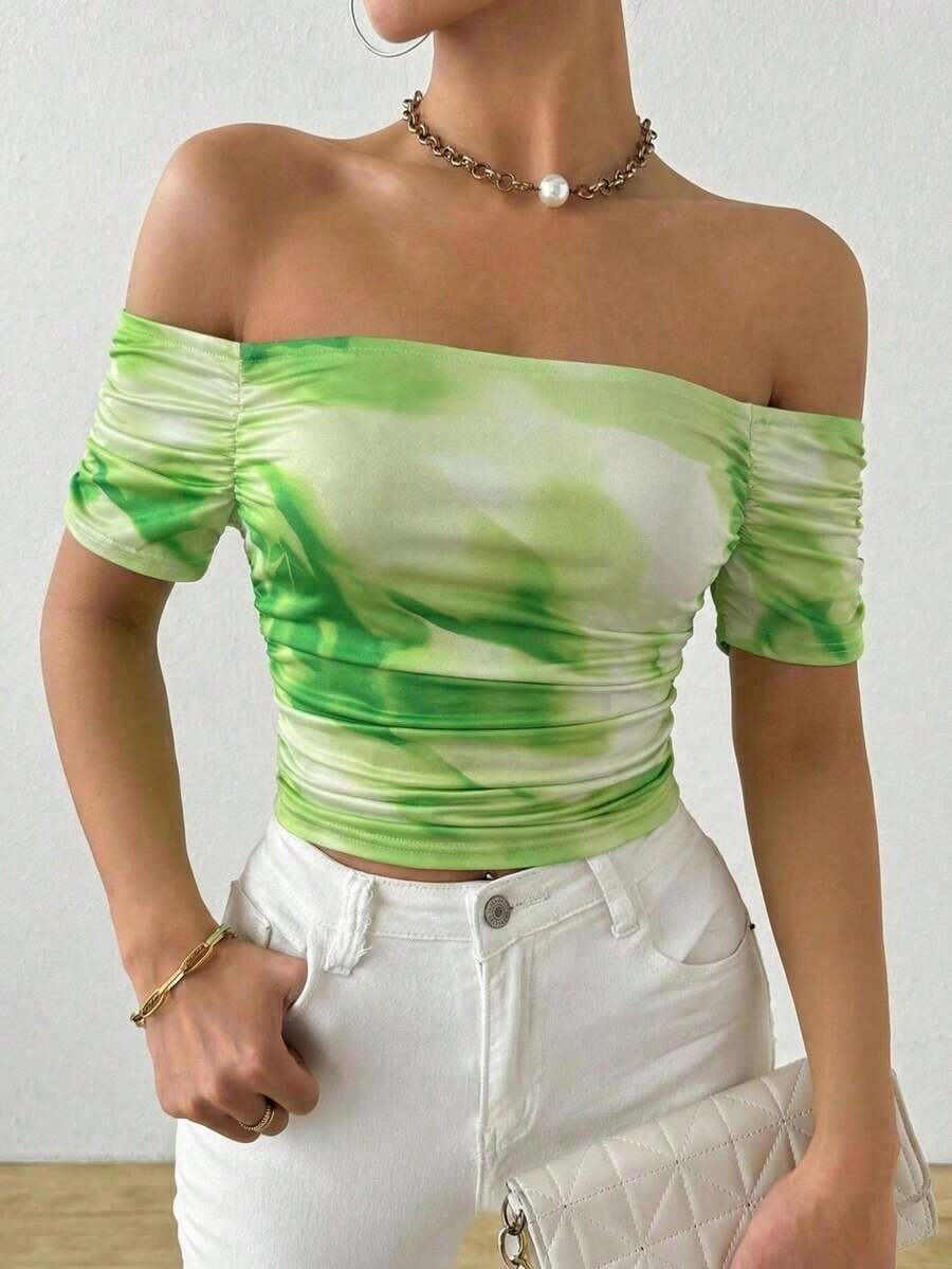 Camiseta de manga corta plisada con cuello recto en línea - Verde - Ver 1