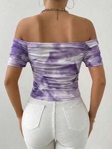 Camiseta de manga corta plisada con cuello recto en línea - Morado - Ver 2