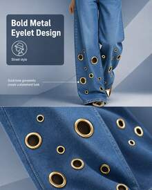 European And American New Denim Jeans With Women's Metal Eyelets Design, Casual And Loose High Waisted Wide Leg Jeans - màu xanh nhạt - Xem 5