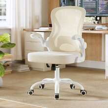 SONGMICS Silla de Escritorio Giratoria, Silla de Malla de Oficina, con Soporte Lumbar, Reposabrazos Abatibles, Beige y Blanco MOBN042LH02 - Beige  Blanco - Ver 2