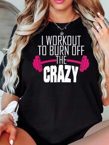 Women's Short-Sleeved Fitness-Inspired T-Shirt With A Calorie-Burning Print, Casual Black Round Neck T-Shirt, Elastic, Machine Washable, Suitable For Sports And Leisure In Spring/Summer/Autumn. - 黑色 - 查看 1