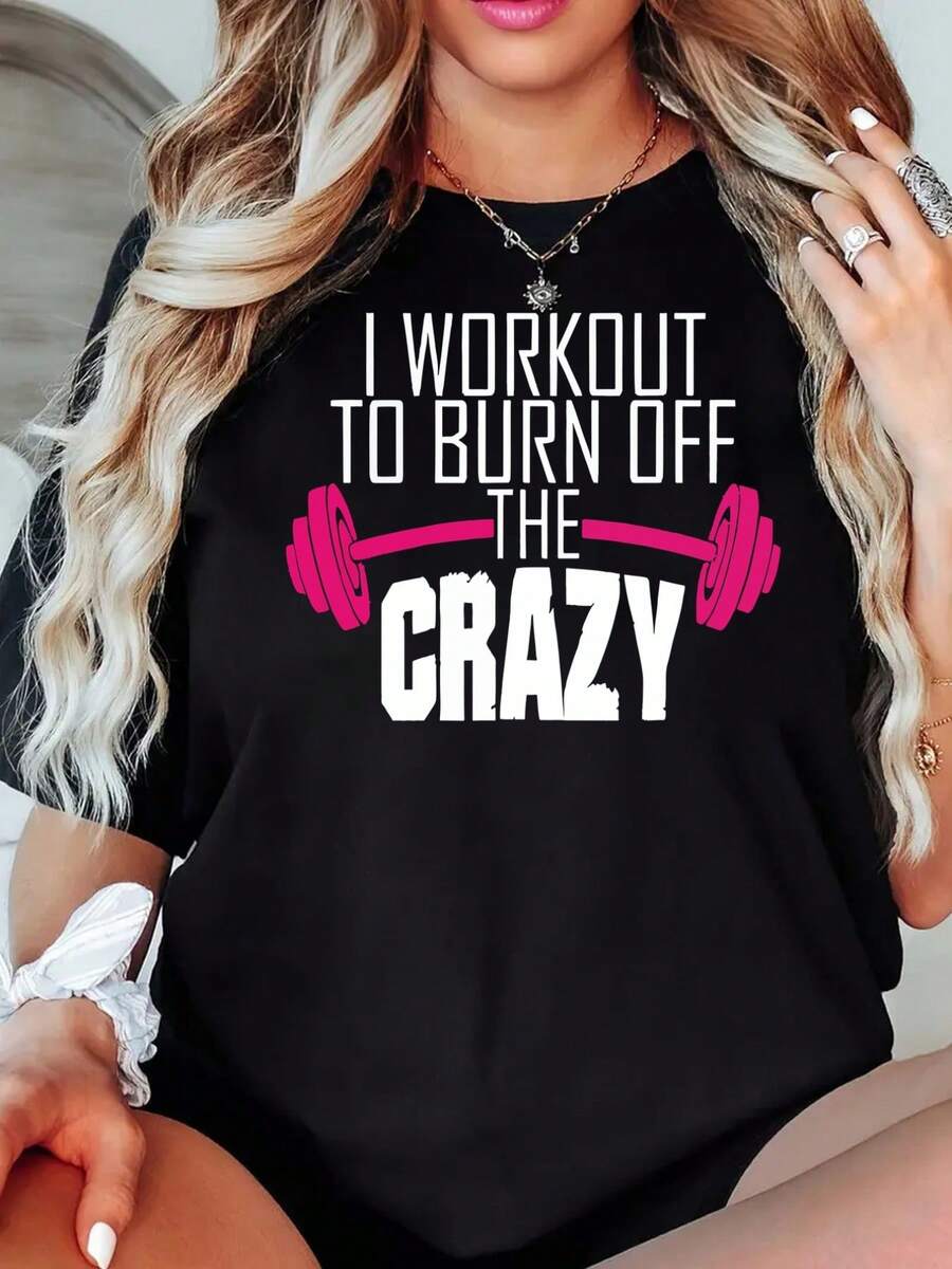 Women's Short-Sleeved Fitness-Inspired T-Shirt With A Calorie-Burning Print, Casual Black Round Neck T-Shirt, Elastic, Machine Washable, Suitable For Sports And Leisure In Spring/Summer/Autumn. - 黑色 - 查看 1