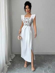 YHHSHEIN Elenzya Vestido casual de vacaciones con cuello cuadrado, mangas cortas, estampado digital frontal, bajo asimétrico y plisado, adecuado para mujeres de 20 a 35+ años para uso diario y reuniones (estampado de colocación)YHH - Blanco - Ver 8