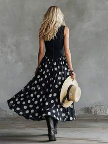 Sleeveless Chiffon Maxi Dress With V-Neck, Polka Dot Print, Buttons And A-Line Cut For Women, Casual Bohemian Style, With Flared Hem. - 黑色 - 查看 6