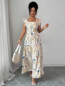 Women's Dress With A Square Neckline, Fitted Waist, And Flared Sleeves In A Multicolored Print. Elegant And Sophisticated, Suitable For Valentine's Day, Easter, Labor Day, Birthdays, Dates, Parties, Formal Occasions, Teacher Outfits, High-Vibe Looks, Travel And Vacations, Streetwear, Spring And Summer. - 灰色 - 查看 7