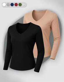 Set Of 2 Long Sleeve T-Shirts, Base Layer Blouses, V-Neck, Slim Fit, Workwear, Winter, Basic, Plain - Beige - View 1