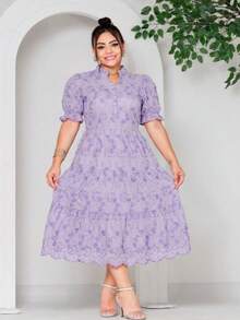 Women's Midi Dress With Embroidered Lace, All-Over Print, Embroidery, Button Detail, Ruffle Detail, Gathered Detail, Suitable For Formal And Evening Wear. - 3D Lilac - View 3