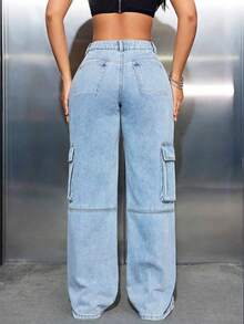ALO FASHION Pantalones vaqueros de mujer de mezclilla lavada de pierna ancha con detalles de pedrería brillante, estilo casual y elástico. - azul real - Ver 4