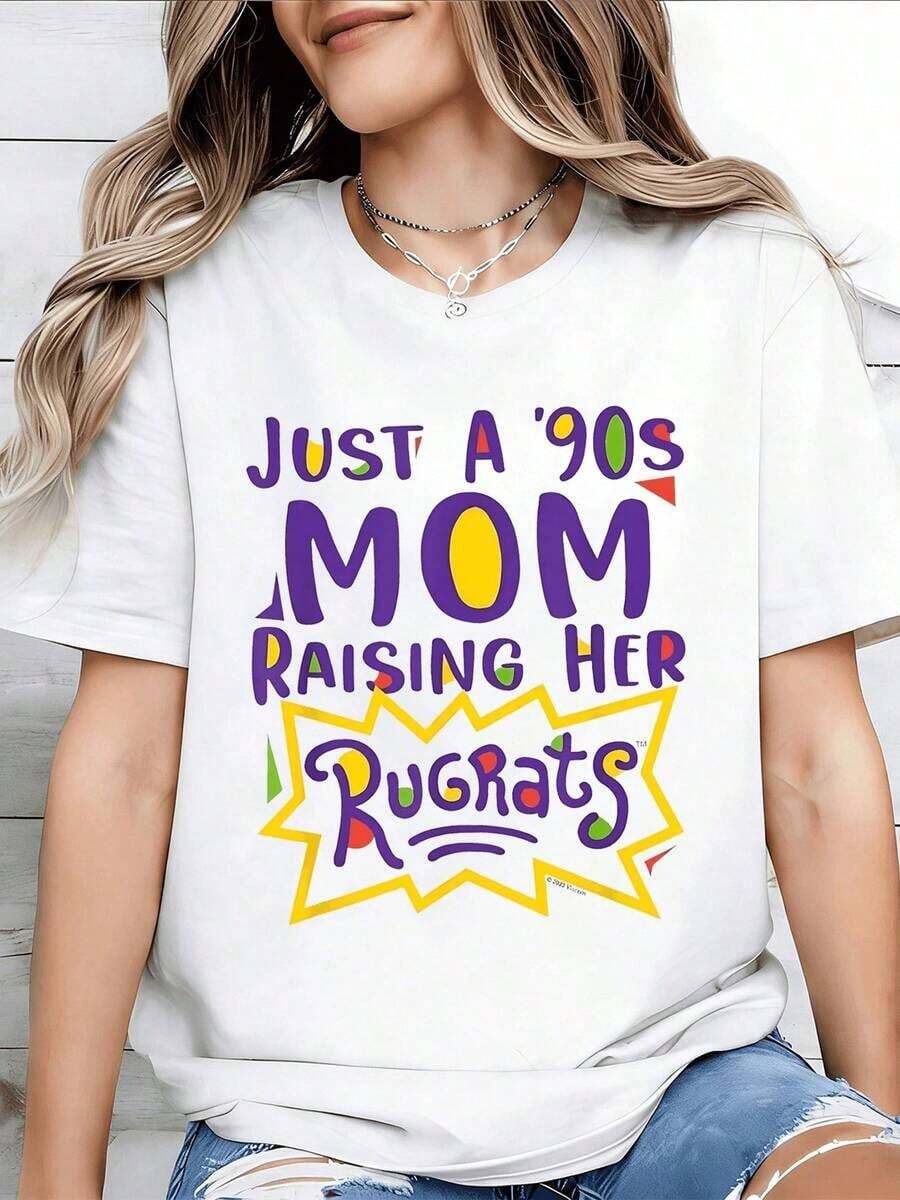 Just A 90s Mom Raising Her Rugrats, Women's Cotton T-Shirt, Durable And Resistant, Casual Fashion, Round Neck T-Shirt, Soft And Breathable Cotton, Stylish Women's Clothing, For Parties, Meetings, Comfortable Everyday Wear, Vibrant Quality Print. - 白色 - 查看 1