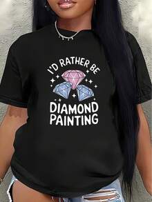 Camiseta de manga corta de poliéster especial para entusiastas de la pintura con diamantes, ligera y duradera, adecuada para manualidades en casa, uso en la sala de estar o en el estudio, decorada con un divertido patrón de diamantes rosados y azules. camisas de mujer - Negro - Ver 1