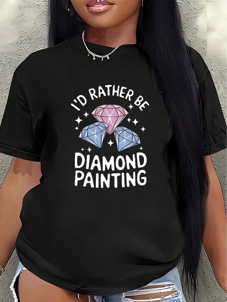 Camiseta de manga corta de poliéster especial para entusiastas de la pintura con diamantes, ligera y duradera, adecuada para manualidades en casa, uso en la sala de estar o en el estudio, decorada con un divertido patrón de diamantes rosados y azules. camisas de mujer - Negro - Ver 1
