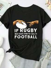 Manga corta, conjuntos de verano para mujer, camiseta estampada de talla grande para mujer - manga corta informal con cuello redondo, estampado con temática de rugby, poliéster ligero, top de primavera-verano, ropa informal. |     Diseño de Rugby |     Camisa Ligera, Ropa de Invierno para Mujer, Tops de Mujer Vintage - Negro - Ver 1
