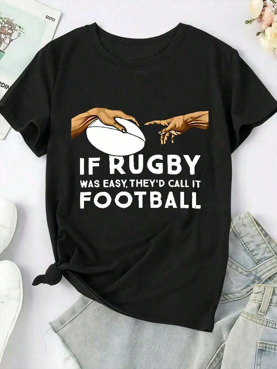 Manga corta, conjuntos de verano para mujer, camiseta estampada de talla grande para mujer - manga corta informal con cuello redondo, estampado con temática de rugby, poliéster ligero, top de primavera-verano, ropa informal. | Diseño de Rugby | Camisa Ligera, Ropa de Invierno para Mujer, Tops de Mujer Vintage - Negro - Ver 1
