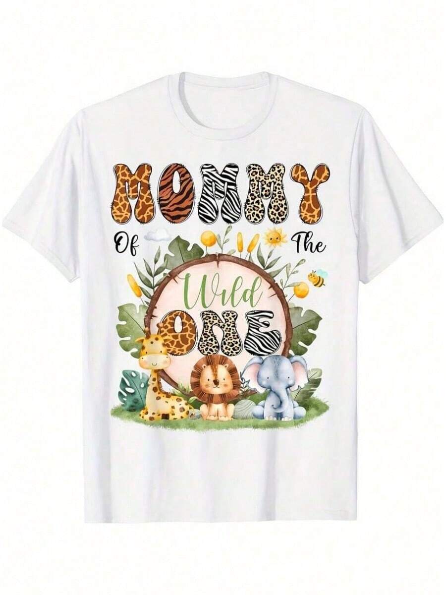 1 Piece Cotton T-Shirt For Boys, "Mommy Oh Wild One" Design For First Birthday, Animal Print, Suitable For All Seasons, Round Neck, Short Sleeve, 180g, 100% Cotton, All Designs Are Printed. Unisex. - 黑色94 - 查看 1