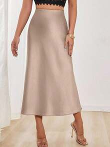 Falda en A de satén elegante y versátil para mujer - Albaricoque - Ver 4