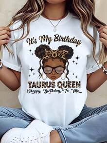 Gift: 1 White Women's T-Shirt With "Taurus Queen Birthday Girl" Print, Round Neck, Casual Cotton T-Shirt, Medium Stretch Knit Fabric, Regular Fit For Ladies, Ideal For Spring/Summer/Autumn, Soft. - 白色 - 查看 6
