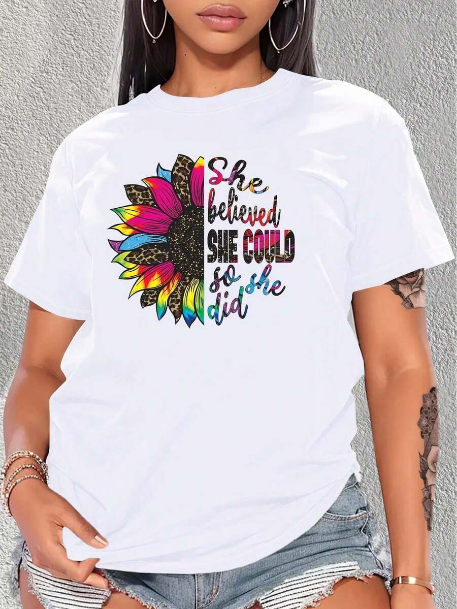 Chic Sunflower & Leopard Print T-Shirt For Women - Casual Fashion, Crew Neck, Short Sleeve, Breathable Polyester - Perfect For Spring/Summer - White - View 1