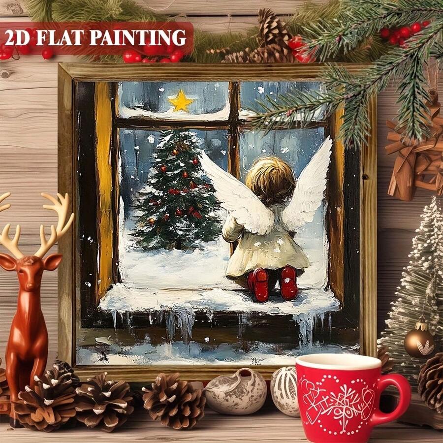 1 Piece Of Rustic Farmhouse Wooden Frame Christmas Angel Wall Decoration - 8x8inch Horizontal Snow Scene Window Painting, Featuring Red Boots, Winged Angel, And Pine Tree Scenery, Suitable For Mantel Or Door - Winter Landscape Holiday Decoration (Wooden) - 8*8inch(20*20cm) - 查看 1