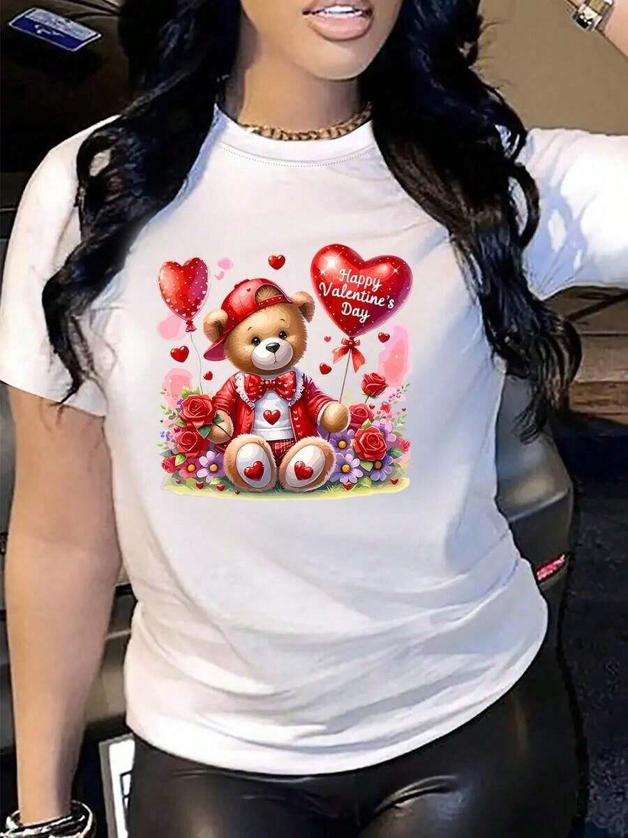 Camiseta Casual de Mujer para el Día de San Valentín - Bonito Estampado de Osito de Peluche y Corazón, Cuello Redondo, Cómoda y Lavable para Primavera y Otoño, Tela Suave y Confortable, Diseño de Flores en Forma de Corazón - Estilo Vintage Urbano, Camiseta Unisex de Algodón de Manga Corta y Cuello Redondo. blusas.blusas casuales para dama.Impresión de osos cariñosos.Camiseta estampada Impresión de osos cariñosos. - Blanco - Ver 1