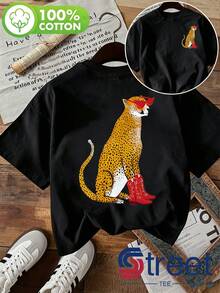 Women's Retro American-Style Short-Sleeved T-Shirt, Perfect For Summer Vacations, Featuring A Sunglasses, Red Boots, And Leopard Print.  And Unique. Suitable For Everyday Wear. Double-Sided Print On The Front And Back. Simple And Elegant Design. Breathable Summer Casual Wear. Unisex. - 黑色 - 查看 12
