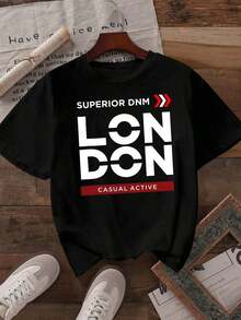 Women's Casual Activewear T-Shirt With London Graphic Print, Available In White And Color, Featuring A DNM Text Design. This Urban Fashion Style Has A Relaxed Fit And Is Perfect For Everyday Wear, Travel, And Casual Summer Outfits. It's A  Top, Ideal For Summer, And Can Be Worn As A Graphic Tee Or A Summer Outfit. - 黑色 - 查看 2