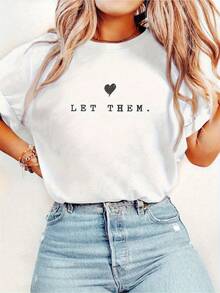 Camiseta de manga corta con cuello redondo para mujer, con estampado de corazón "Let Them" de Athletic Athleisure - Top casual de baja elasticidad, transpirable para primavera/verano, lavable a máquina, camiseta de verano. | Camiseta minimalista | Material transpirable, camiseta de mujer que absorbe la humedad, ropa casual para gimnasio. - Blanco - Ver 1