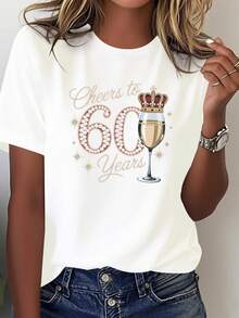 Camiseta de Verano Holgada y Cómoda para Mujer, Camiseta con Estampado de Corona y Champán para el 60º Aniversario, Top de Moda para Mujer, Camiseta Casual de Manga Corta con Cuello Redondo de Algodón Puro, Transpirable y Suave, Esencial para el Uso Diario Casual, Regalo Perfecto para Ella, Ropa Suave y Relajada para el Hogar. - Negro - Ver 7