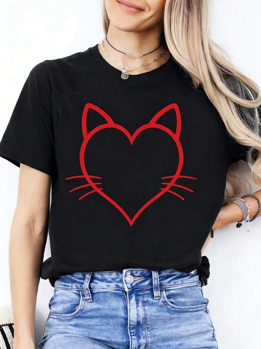 Camiseta Ligera y Transpirable con Estampado de San Valentín - Estilo Invernal, Estampado de Gato con Corazón Rojo, Camiseta de Mujer para el Día de San Valentín, Regalo para Novia/Esposa, Cuello Redondo, Manga Corta, Top Casual de Moda, Atuendo Elegante para Fiesta, Entrega Antes del Día de San Valentín, Ropa de Primavera y Otoño para Combinar en Capas - Negro - Ver 1