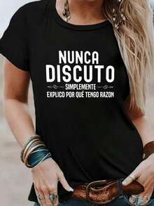 Camiseta Divertida de Manga Corta Española para Mujer |   Negro con estampado blanco, cuello redondo, uso diario casual, ligero, lavable a máquina, patrón geométrico, tela no transparente.blusas para mujer>ropa - Negro - Ver 6