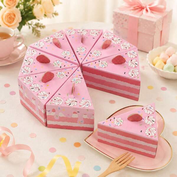 8 Stück süße rosa Tortenstück-Boxen für Geburtstagspartys, mit Erdbeeren- und Kerzenmuster, Süßigkeitenverpackung