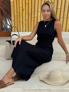 Vestido sin mangas liso estilo vacacional francés, cintura ajustada con lazada verano 2026 - Negro - Ver 5