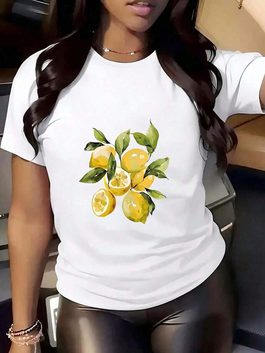 Camiseta de Cuello Redondo para Mujer con Estampado de Limón, Ropa Casual de Verano para Uso Diario y Vacaciones, 220g, Adecuada como Regalo. playera de mujer. blusas>elegantes. boho chic,Top de mujer suave, transpirable y cómodo, ideal para primavera, verano y otoño, perfecto para vacaciones, viajes y uso diario. - Blanco - Ver 1