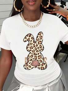Camiseta con Estampado de Conejo y Leopardo para Mujer, Corte Holgado, Manga Corta, Estilo Casual, Moda de Verano, Camiseta con Patrón Animal - Blanco - Ver 2