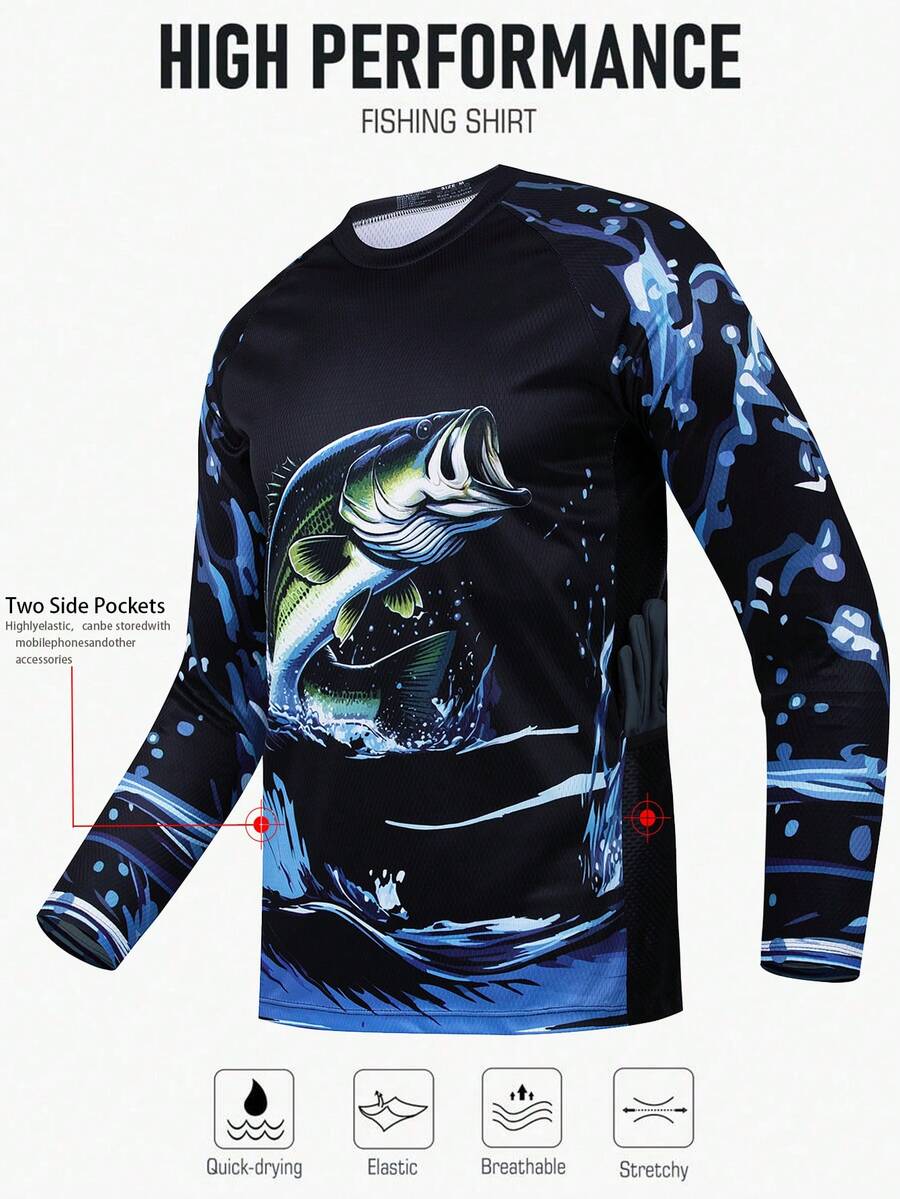 Men's Long Sleeve Fishing Shirt, Outdoor Summer Moisture-Wicking, Sun Protection, Side Pockets, Fishing Apparel Sports - Black - View 1
