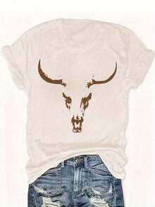 Playera Con Diseño Bullhead, Estilo Bohemio Y Cowgirl, Ideal Para Festivales, Tela Suave De Algodón Puro, Camiseta Casual De Moda Para Hombre Y Mujer - Negro - Ver 5