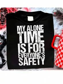 Camiseta divertida de talla grande para mujer "Mi tiempo a solas pertenece a todos" -- camiseta de cuello redondo de corte holgado con estampado de eslogan, estilo casual y divertido, adecuada para todas las estaciones y el uso diario, blusas elegantes para dama. - Negro - Ver 1