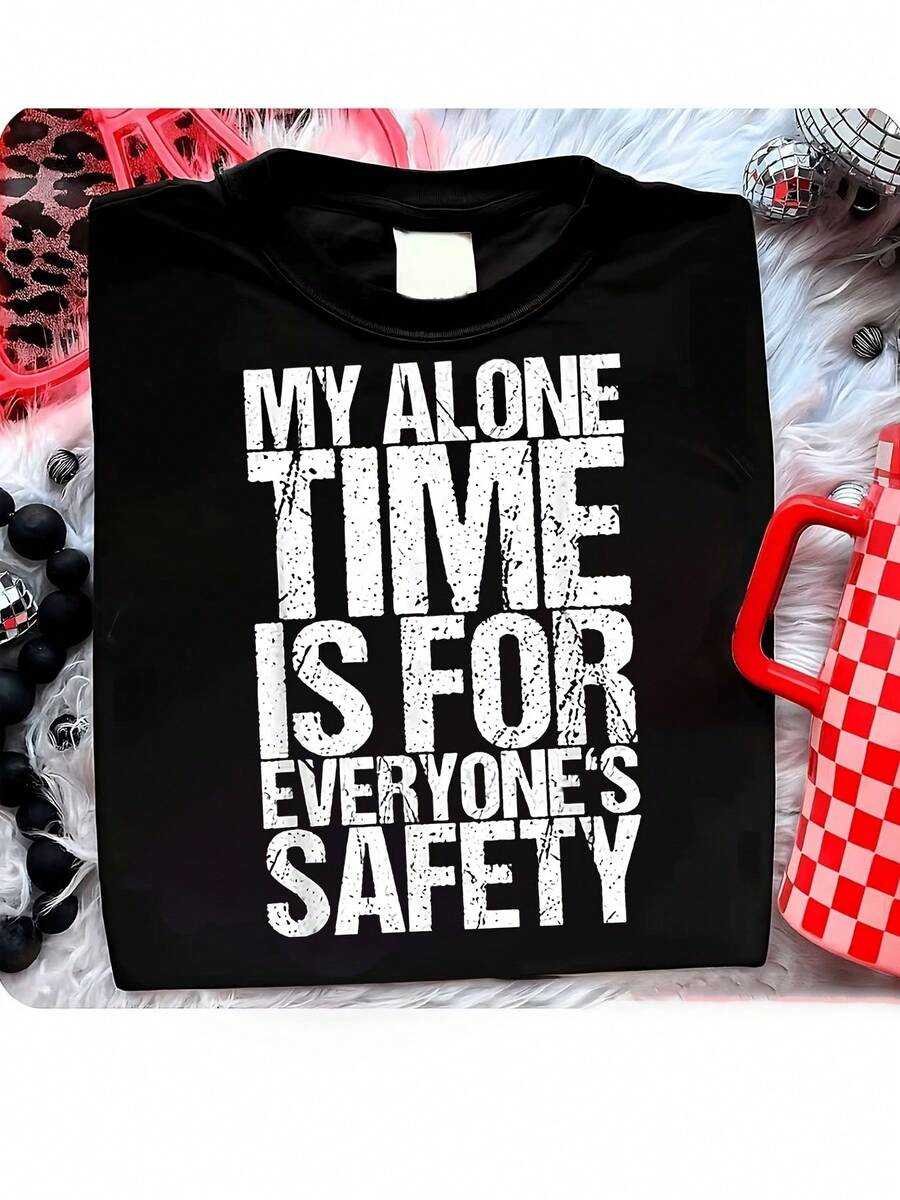 Camiseta divertida de talla grande para mujer "Mi tiempo a solas pertenece a todos" -- camiseta de cuello redondo de corte holgado con estampado de eslogan, estilo casual y divertido, adecuada para todas las estaciones y el uso diario, blusas elegantes para dama. - Negro - Ver 1