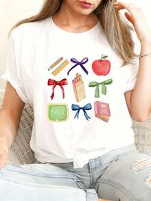 1 T-Shirt From The "Back To School" Collection With Colorful Illustrations (Pencil, Comb, Ribbon, Apple, Blackboard, 1+1=2, Book) | Black, Casual Style, Short Sleeves, Slightly Stretchy Fabric, Perfect Gift For Teachers On Back To School, Breathable And Comfortable For Summer, 180g 100% Cotton. - 白色 - 查看 6