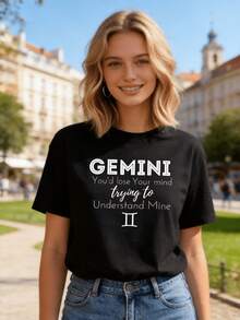 1 camiseta de mujer con estampado de Géminis - Aquellos que intenten entenderme se sentirán tristes, camiseta casual de cuello redondo, elástica, lavable a máquina, top negro para primavera/verano, letras blancas llamativas, camiseta de mujer, moda de primavera, diseño moderno, material suave 180g 100% algodón. - Negro - Ver 6