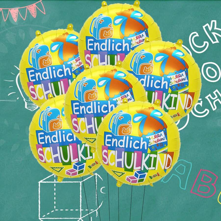 6入 18吋 德文 Endlich Schulkind 圓形鋁箔氣球 Willkommen In Der Schule 開學派對裝飾 Hurra Schulkind - 黃色 - View 1