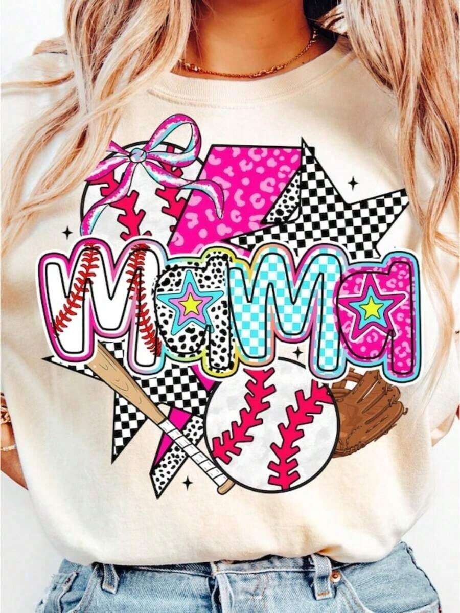 Cute Baseball T-Shirt For Mom, Preppy Baseball T-Shirt, Cute Brushstroke Baseball T-Shirt, Baseball Bow T-Shirt, Baseball Tops For Mom, Women's Graphic Crew Neck T-Shirts, Loose Casual T-Shirts, Women's T-Shirts - 白色 - 查看 1