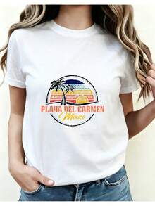 Women's Retro Style Short Sleeve T-Shirt, Playa Del Carmen, Mexico, Tropical Sunset, Palm Tree, Beach Vacation Gift For Travel Enthusiasts, 01 Women's Four Seasons Printed Round Neck Top. - 白色 - 查看 1