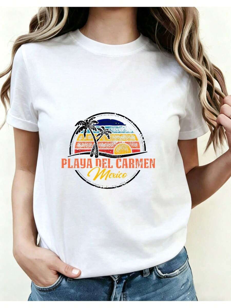 Women's Retro Style Short Sleeve T-Shirt, Playa Del Carmen, Mexico, Tropical Sunset, Palm Tree, Beach Vacation Gift For Travel Enthusiasts, 01 Women's Four Seasons Printed Round Neck Top. - 白色 - 查看 1