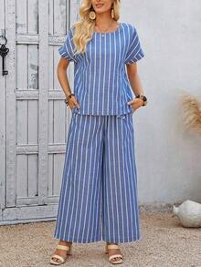 Conjunto de 2 piezas de top de manga corta de cuello redondo a rayas y pantalones para mujeres, conjunto de ropa de vacaciones de 100% algodón, apto para devolución y reembolso, vestidos casuales de verano para mujer, conjunto informal de verano para mujer - Negro - Ver 7