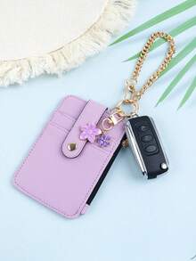 1pc Pastel Color Card Holder Keychain, Spring Floral Chain Design Zipper Coin Pouch, Practical & Gentle, Suitable For Commuting, Dating Or As A Thoughtful Gift - Multicolor - View 5